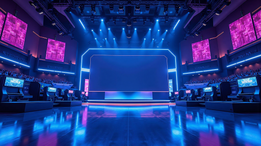 电竞战队LOGO设计，采用蓝紫色渐变，带有霓虹光效，现代科技感